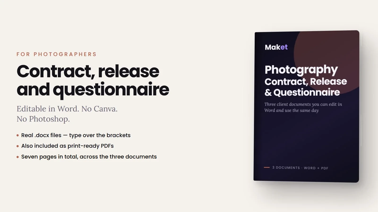 Cover of Photography Contract, Model Release and Client Questionnaire, document pack
