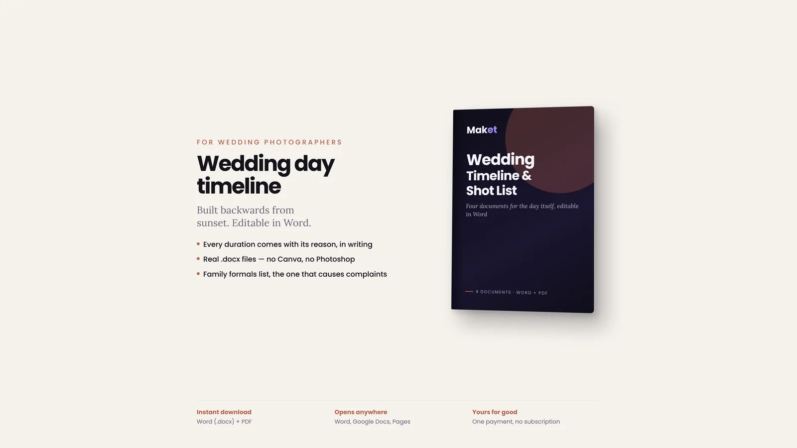 Cover of Wedding Photography Timeline and Shot List (Word), document pack